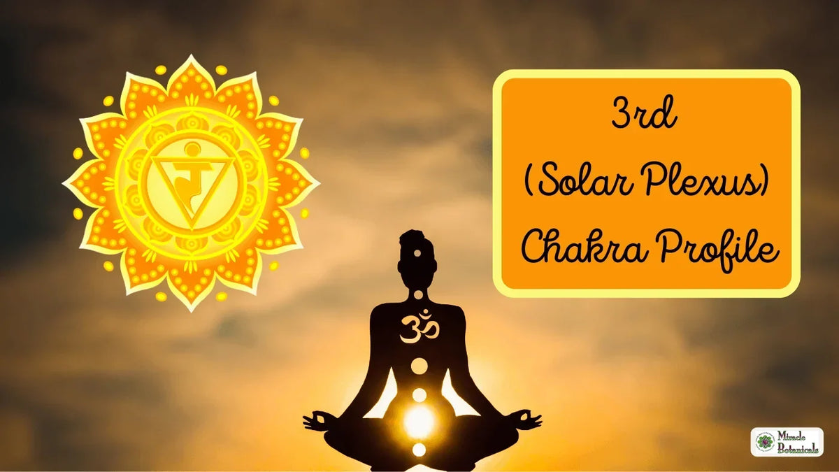 Silhouette meditating at sunset beside a yellow solar plexus chakra symbol, with text: 3rd (Solar Plexus) Chakra Profile