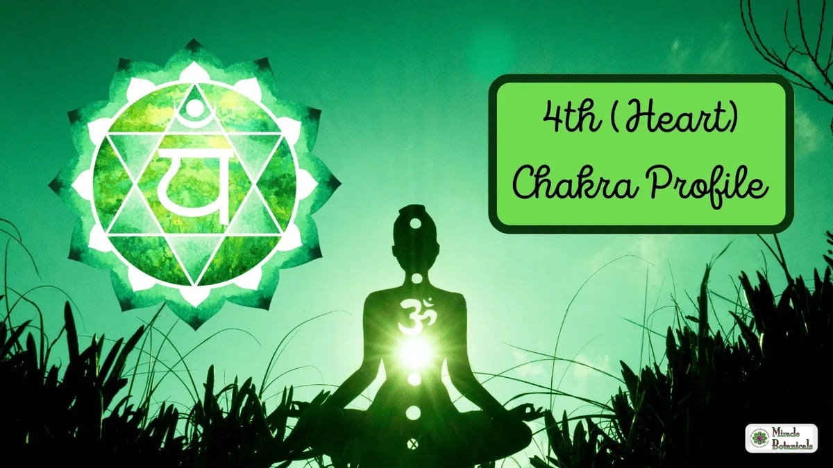Silhouette meditating in green light beside a green heart chakra symbol, with text: 4th (Heart) Chakra Profile