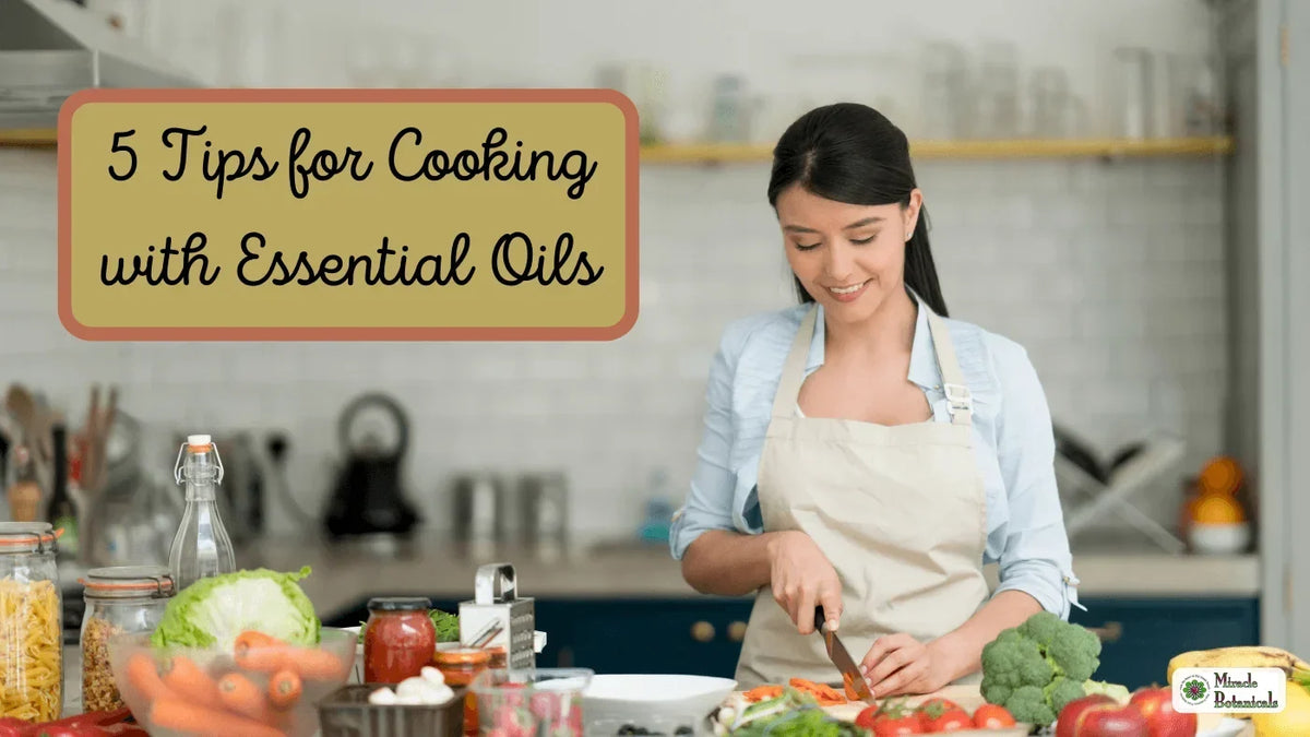 Smiling woman in an apron chopping vegetables in a kitchen, with text: 5 Tips for Cooking with Essential Oils