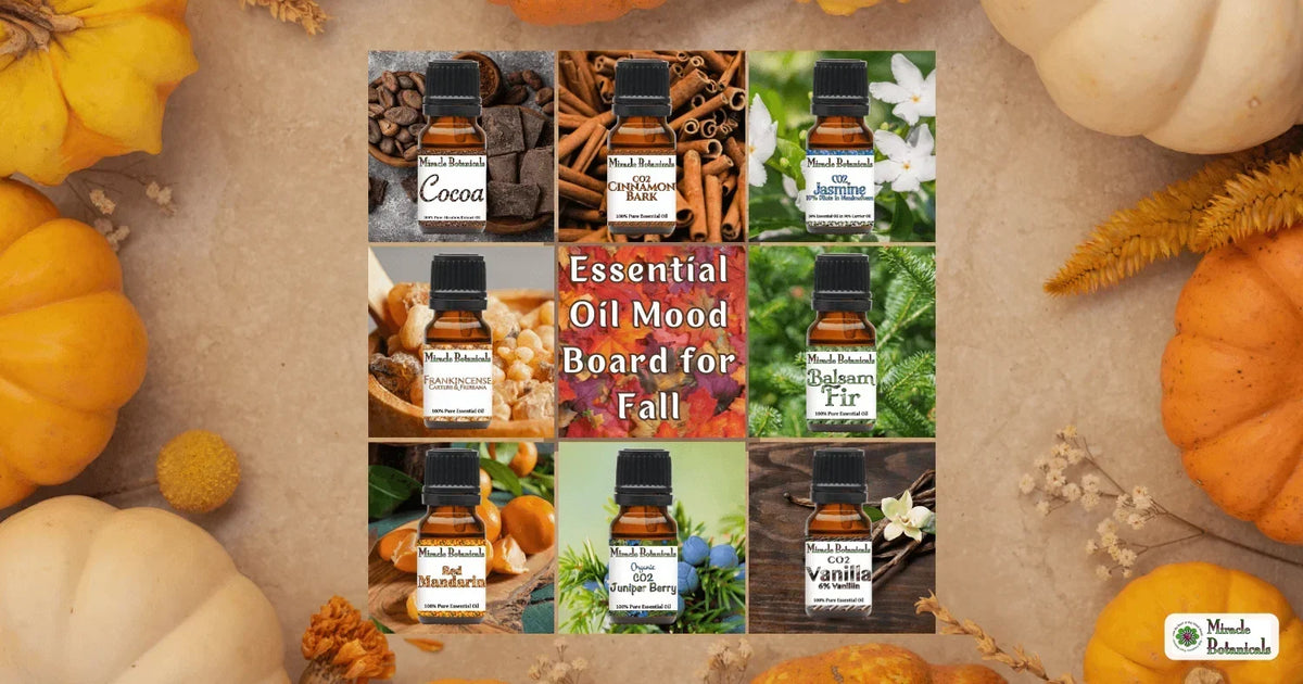 Eight fall oil bottles such as Cocoa, Cinnamon Bark and Balsam Fir framed by pumpkins, with text: Essential Oil Mood Board for Fall