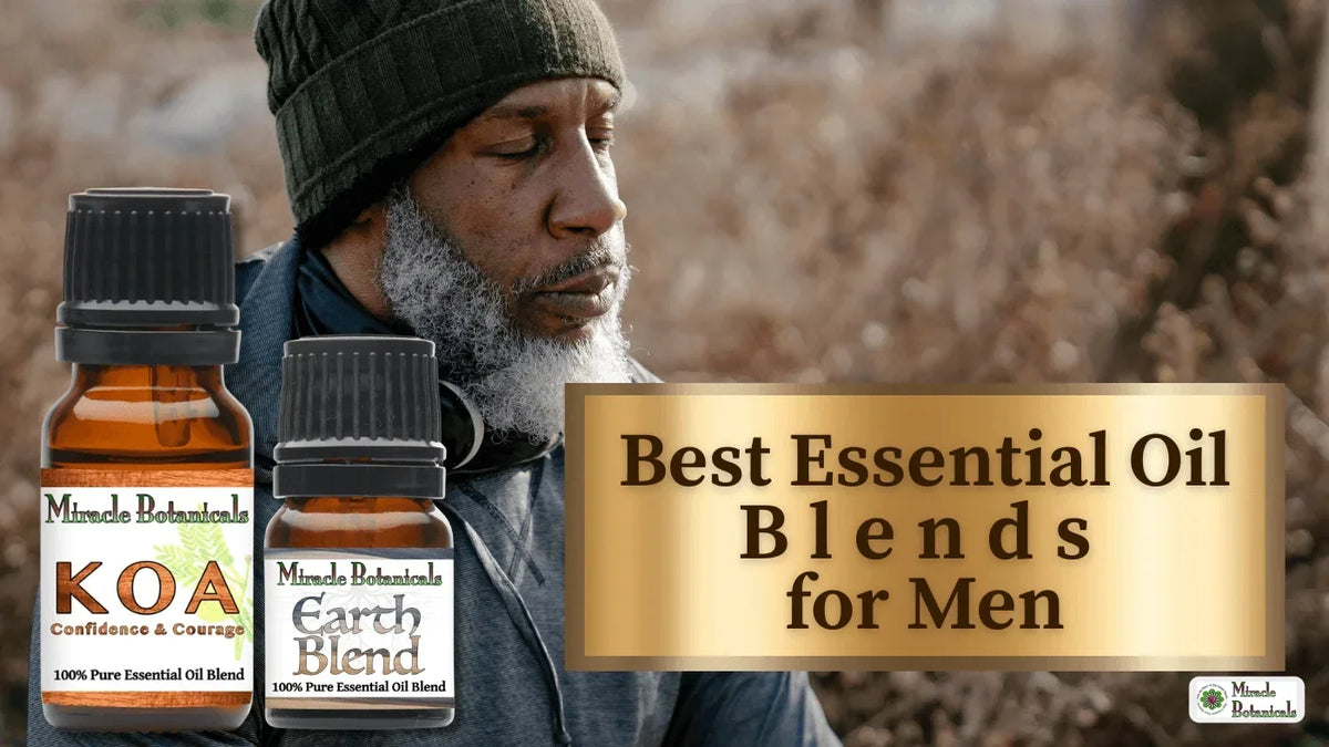 Bearded man in a knit cap beside KOA Confidence & Courage and Earth Blend bottles, with text: Best Essential Oil Blends for Men
