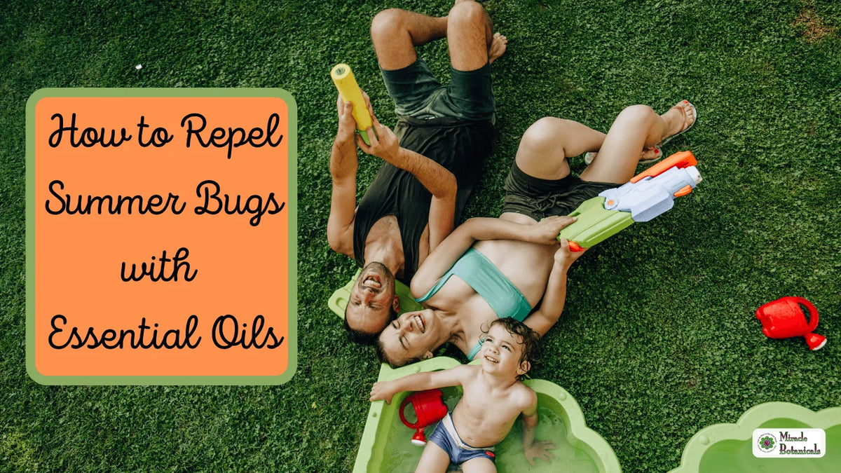 Overhead view of a family playing with water guns on the grass by a kiddie pool, with text: How to Repel Summer Bugs with Essential Oils