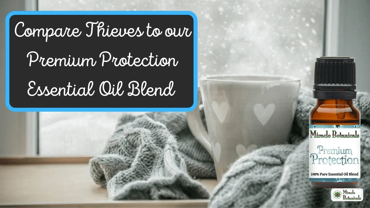 Premium Protection essential oil blend beside a mug and knit blanket at a frosty window, with text comparing it to Thieves