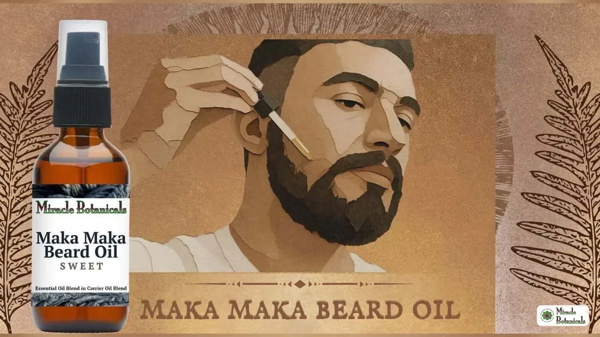 Illustrated bearded man applying Maka Maka Beard Oil beside a bottle of the beard oil