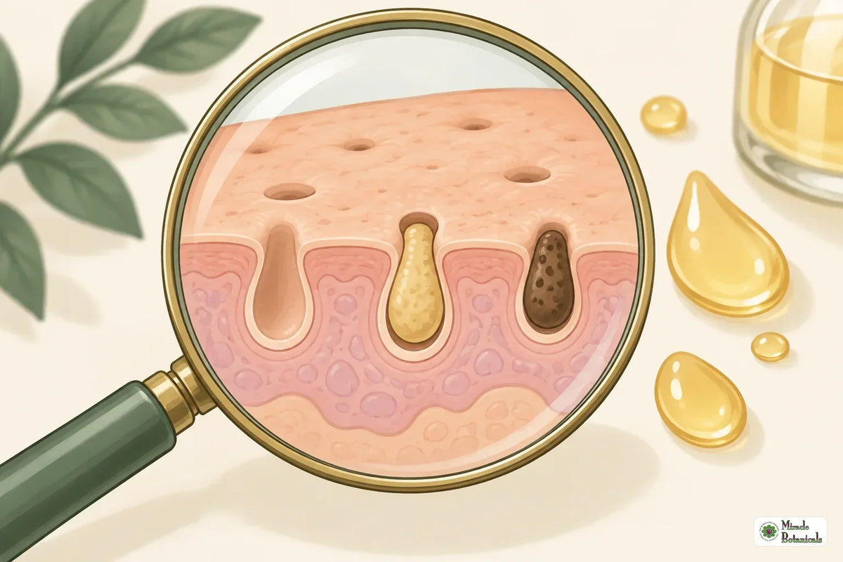 Illustration of a magnifying glass over skin pores, some clear and some clogged