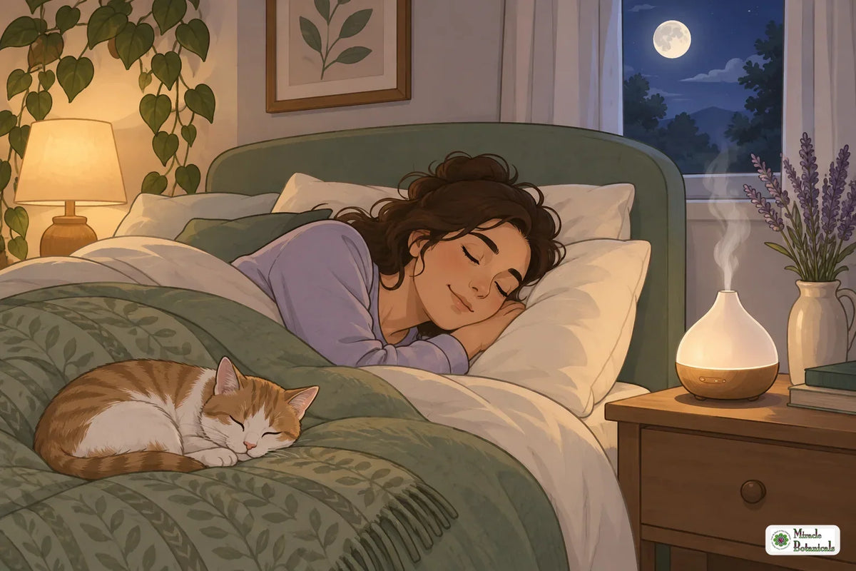 Illustration of a person sleeping peacefully with a diffuser on the nightstand