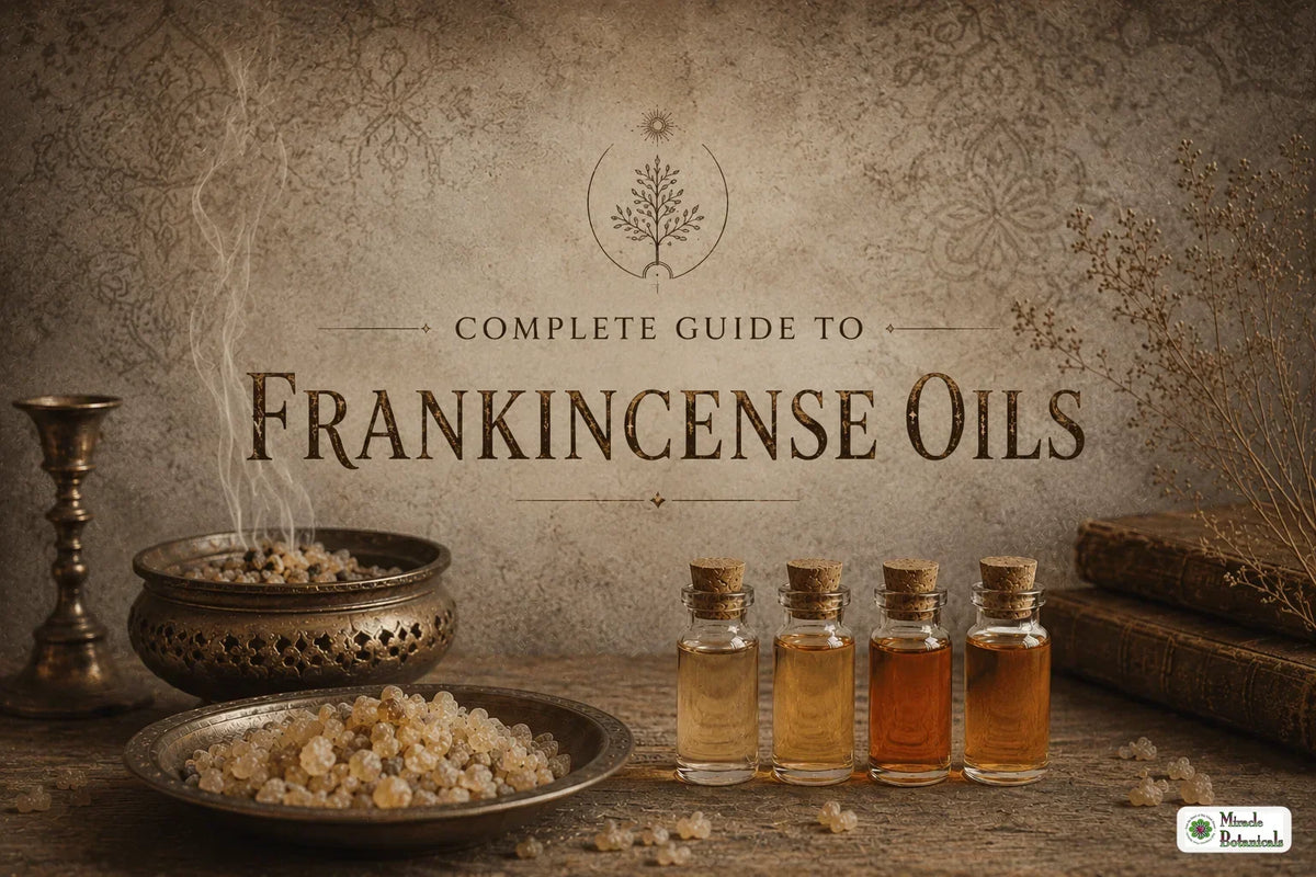 Bowls of frankincense resin and four small bottles of frankincense oil, with the title Complete Guide to Frankincense Oils