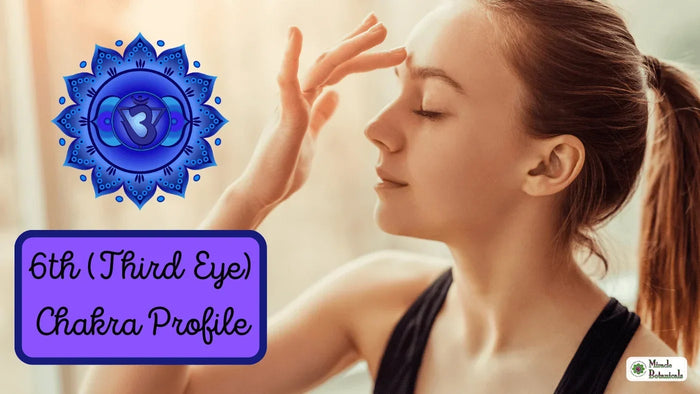 Woman with eyes closed touching her forehead beside an indigo third eye chakra symbol, with text: 6th (Third Eye) Chakra Profile