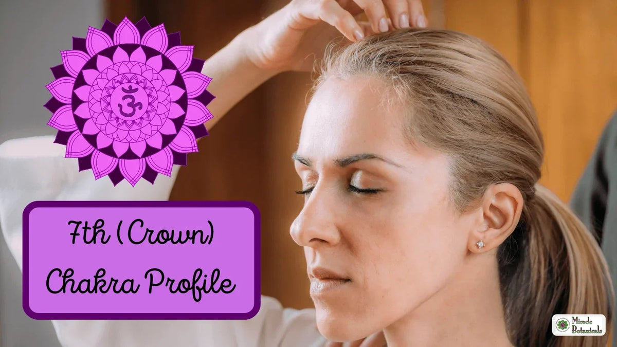 Woman with eyes closed, a hand resting on top of her head, beside a violet crown chakra symbol, with text: 7th (Crown) Chakra Profile