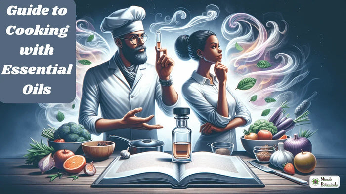 Illustrated chef raising a vial of oil beside a thoughtful woman, with text: Guide to Cooking with Essential Oils