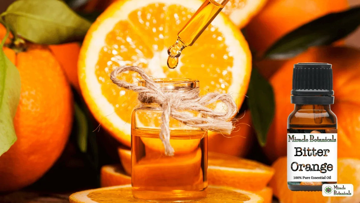 Miracle Botanicals Bitter Orange essential oil beside halved oranges and a dropper over a glass jar of oil