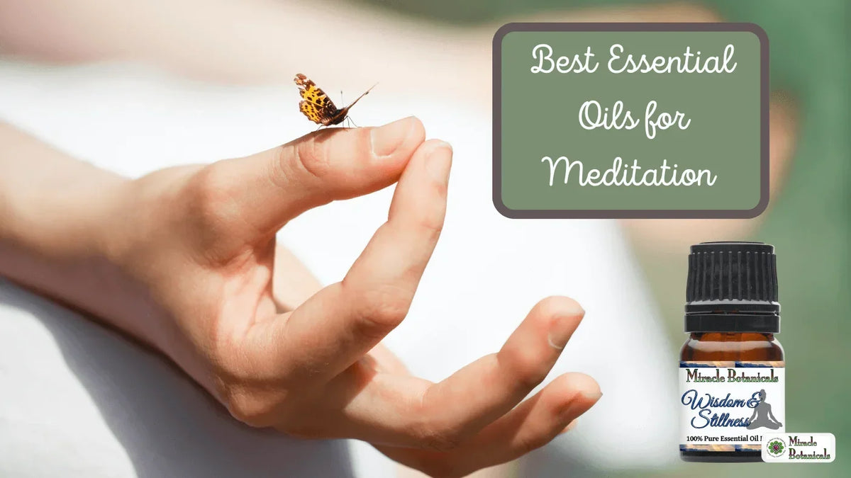 Butterfly perched on a hand in a meditation mudra beside a Wisdom & Stillness oil bottle, with text: Best Essential Oils for Meditation