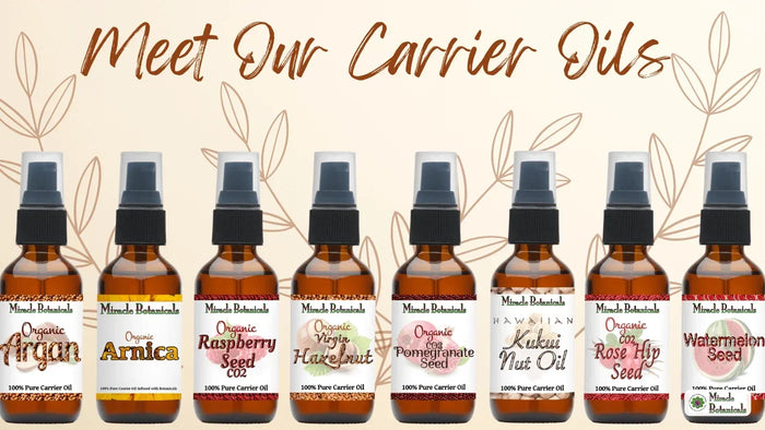 Eight carrier oil pump bottles: Argan, Arnica, Raspberry Seed, Virgin Hazelnut, Pomegranate Seed, Kukui Nut, Rose Hip Seed and Watermelon Seed