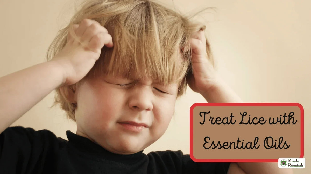 Young blond boy scratching his head with both hands and grimacing, with text: Treat Lice with Essential Oils