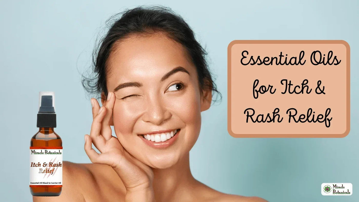 Smiling woman winking and touching her cheek beside an Itch & Rash Relief spray, with text: Essential Oils for Itch & Rash Relief