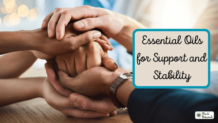 Several hands stacked together in support on a table, with text: Essential Oils for Support and Stability