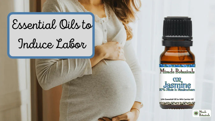 Pregnant woman holding her belly beside a CO2 Jasmine 10% Dilute in Meadowfoam bottle, with text: Essential Oils to Induce Labor