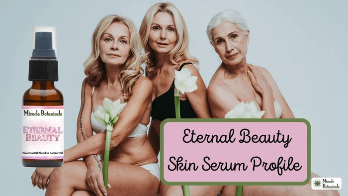 Three mature women in underwear holding white flowers beside an Eternal Beauty serum bottle, with text: Eternal Beauty Skin Serum Profile