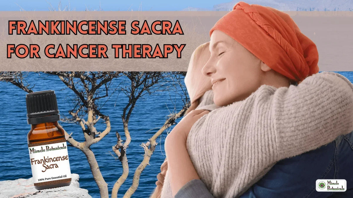 Woman in an orange headscarf hugging someone beside a Frankincense Sacra bottle, with text: Frankincense Sacra for Cancer Therapy