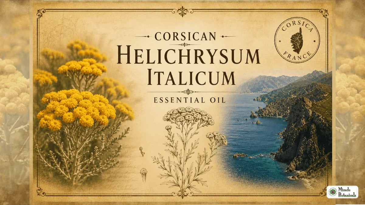 Vintage-style illustration of yellow helichrysum flowers and a Corsican sea cliff, with text: Corsican Helichrysum Italicum Essential Oil