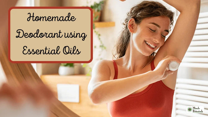 Smiling woman applying roll-on deodorant to her underarm in a bathroom, with text: Homemade Deodorant using Essential Oils