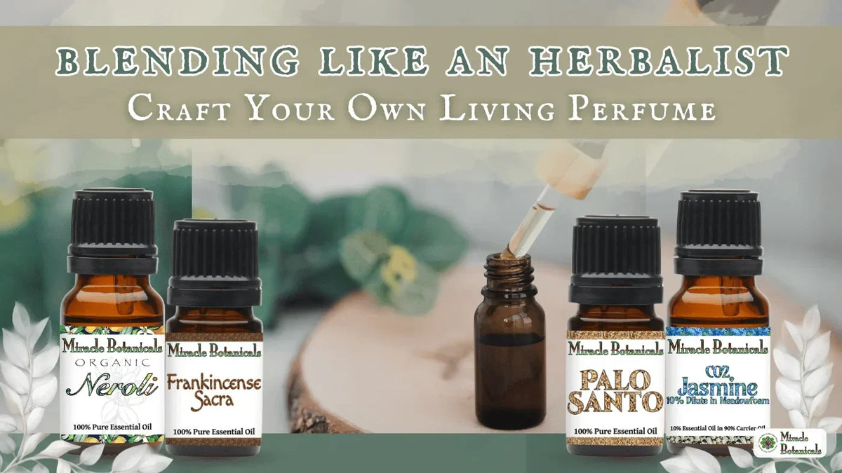 Neroli, Frankincense Sacra, Palo Santo and Jasmine CO2 essential oil bottles set out for blending a natural perfume