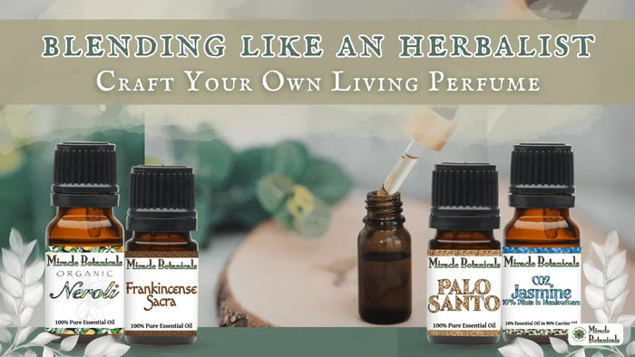 Neroli, Frankincense Sacra, Palo Santo and Jasmine CO2 essential oil bottles set out for blending a natural perfume