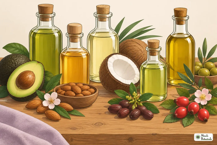 Illustration of carrier oils in glass bottles with the nuts, seeds and fruits they are pressed from
