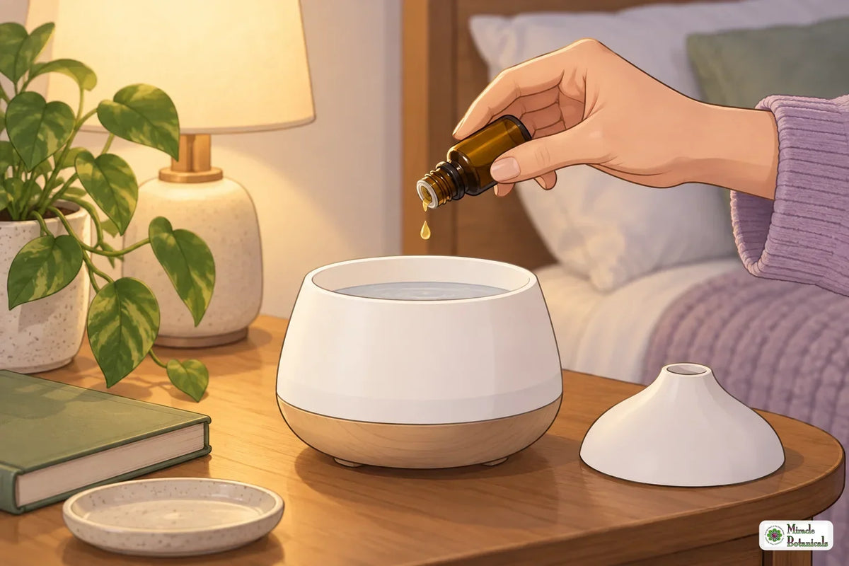 Illustration of essential oil drops being added to an ultrasonic diffuser on a bedside table