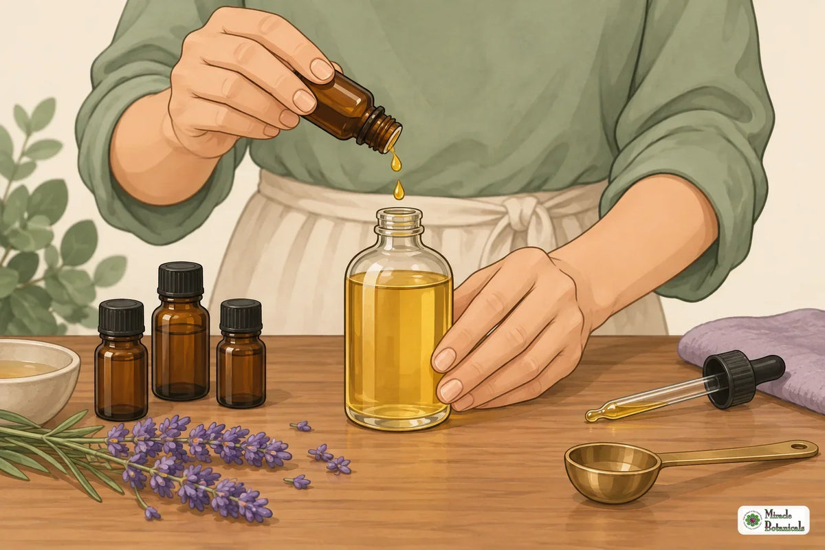 Illustration of essential oil being counted drop by drop into a bottle of carrier oil
