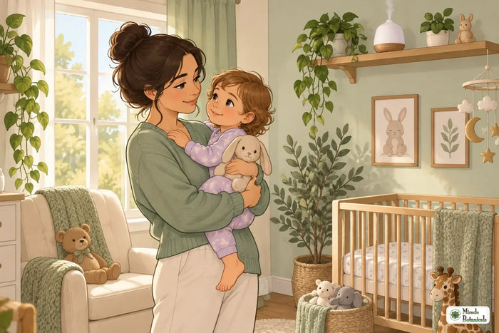 Illustration of a parent and toddler in a nursery with a diffuser placed safely out of reach