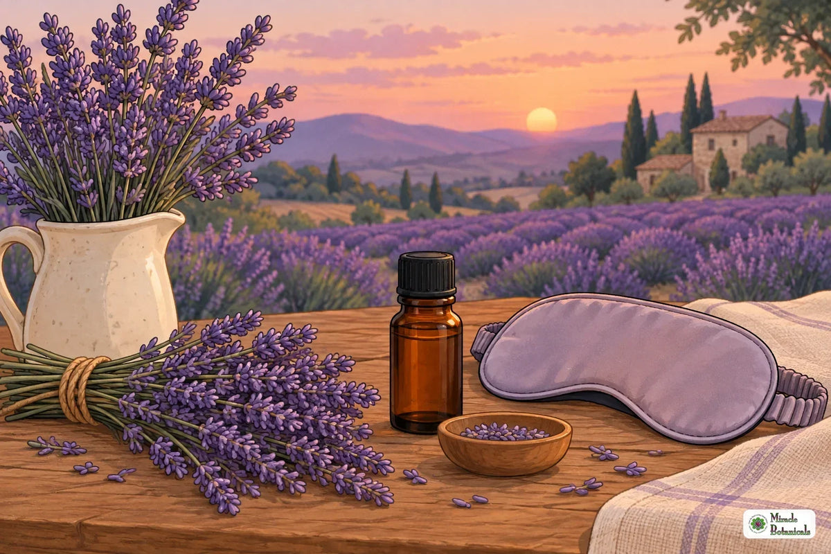 Illustration of lavender essential oil, fresh lavender and a sleep mask at dusk