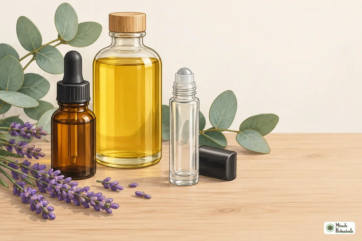 Illustration of an undiluted essential oil drop about to land on bare skin