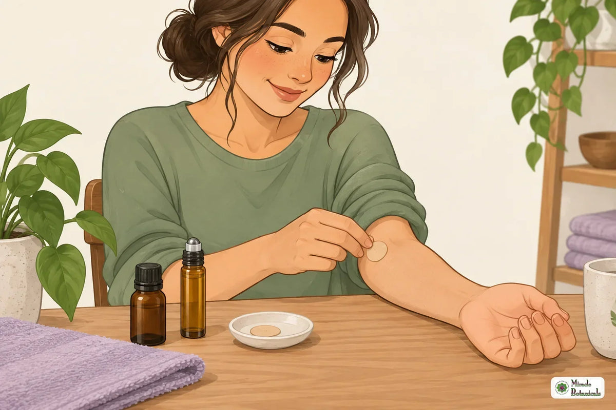 Illustration of a patch test: diluted essential oil applied to the inner forearm and covered with a bandage