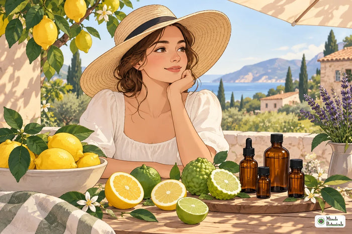 Illustration of citrus fruits and essential oils with strong summer sun, a reminder about phototoxic oils