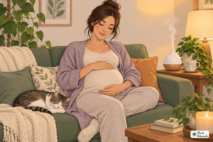 Illustration of a pregnant woman relaxing at home near a gently misting diffuser