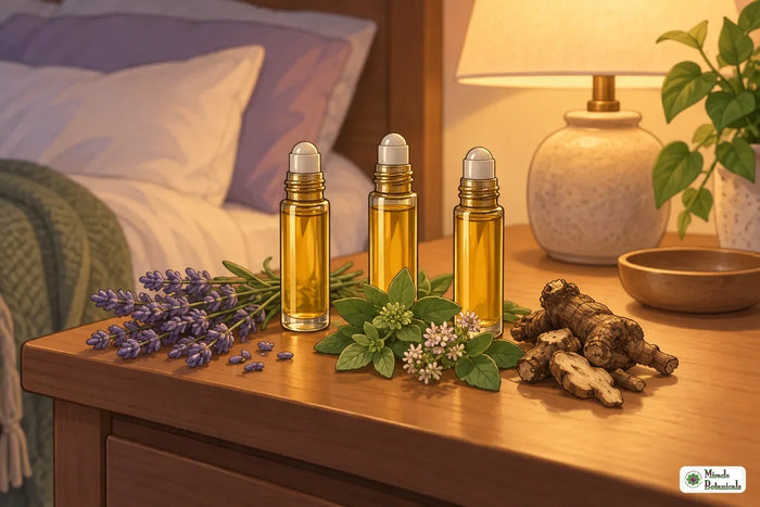 Illustration of three bedtime roller blends with lavender, marjoram and spikenard