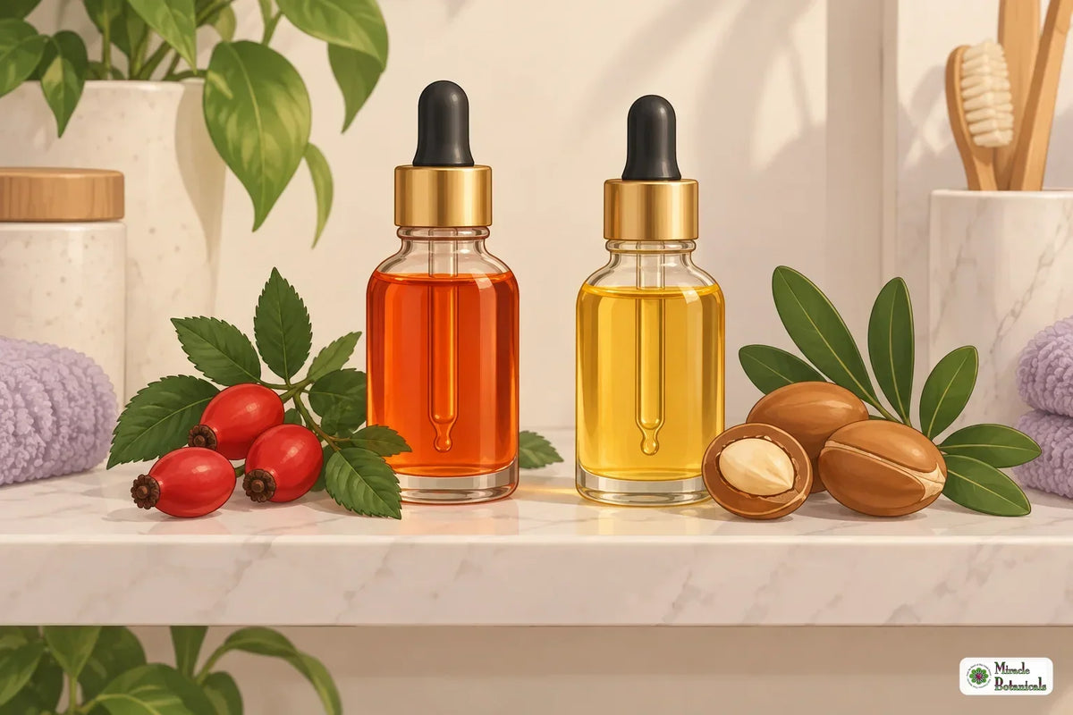 Illustration of rosehip seed oil with rose hips and argan oil with argan nuts
