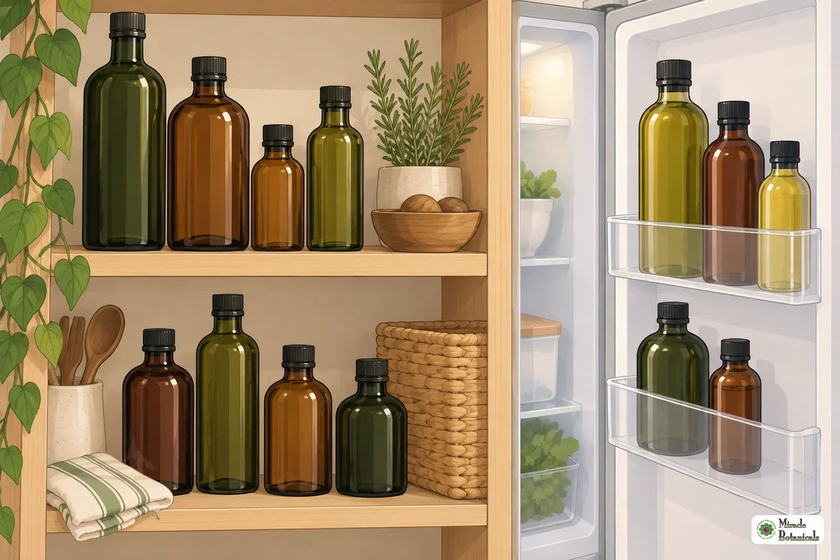 Illustration of carrier oils stored on a pantry shelf and in the refrigerator