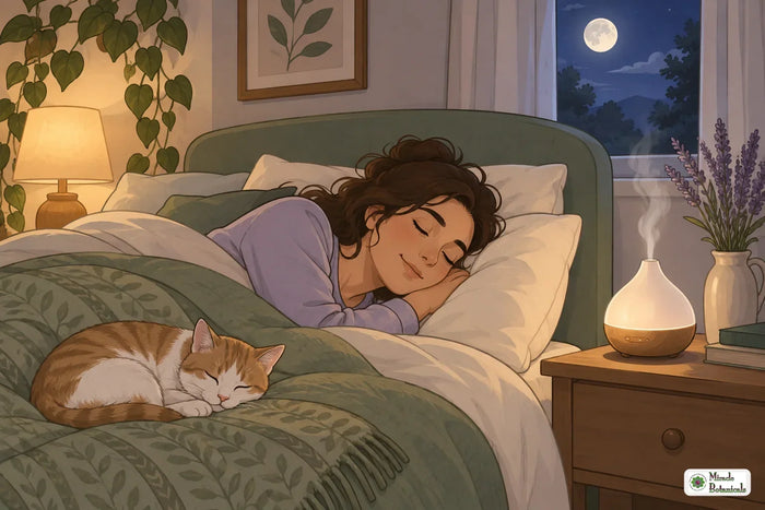Illustration of a person sleeping peacefully with a diffuser on the nightstand