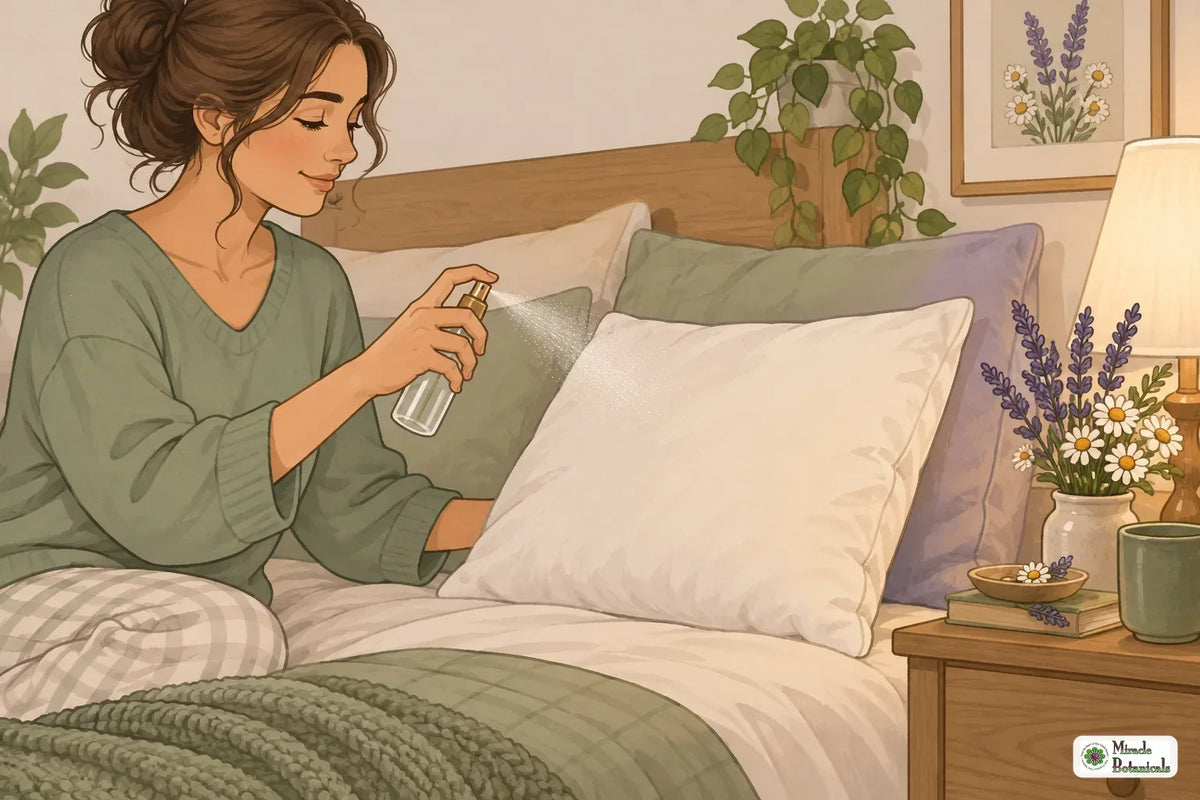 Illustration of a homemade pillow spray being misted onto a pillow at bedtime