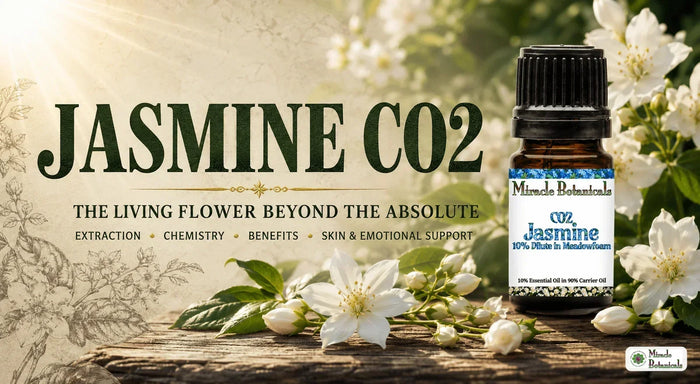 Jasmine CO2 essential oil bottle surrounded by white jasmine flowers