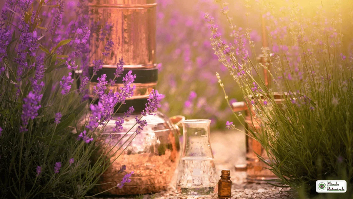 Sunlit purple lavender in front of a copper still, glass flasks and a small amber essential oil bottle
