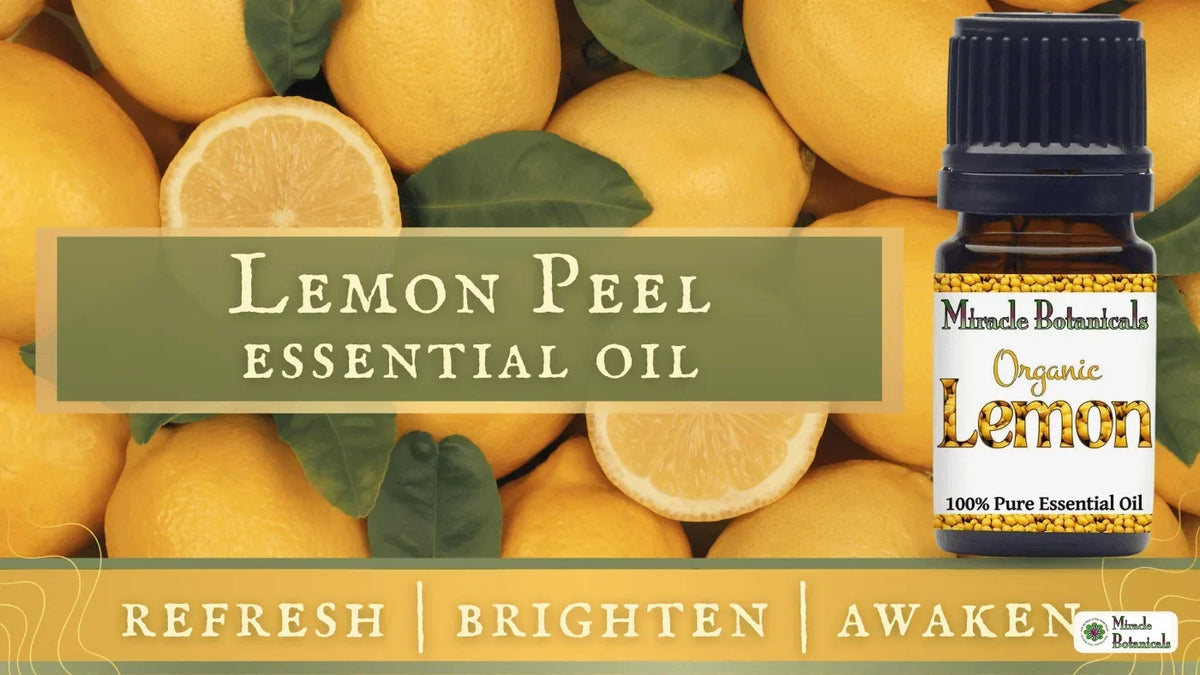 Organic Lemon essential oil bottle over a pile of fresh lemons, with text: Lemon Peel Essential Oil, Refresh, Brighten, Awaken