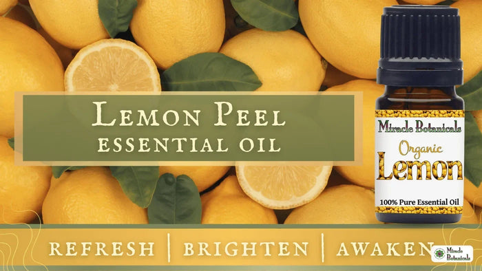 Organic Lemon essential oil bottle over a pile of fresh lemons, with text: Lemon Peel Essential Oil, Refresh, Brighten, Awaken