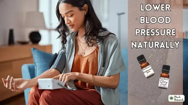 Woman using an arm-cuff blood pressure monitor beside Frankincense Sacra and Clary Sage bottles, with text: Lower Blood Pressure Naturally