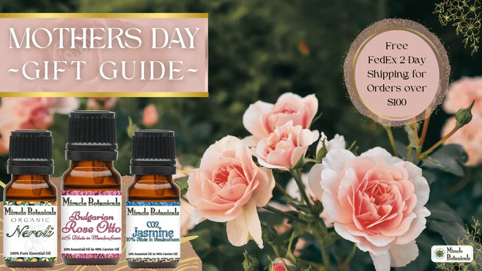 Mother's Day Gift Guide banner with Organic Neroli, Bulgarian Rose Otto and CO2 Jasmine bottles beside pink garden roses