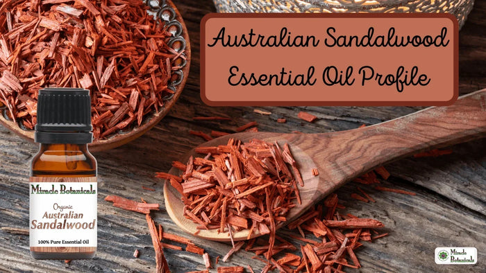 Organic Australian Sandalwood bottle beside red wood chips in a bowl and spoon, with text: Australian Sandalwood Essential Oil Profile