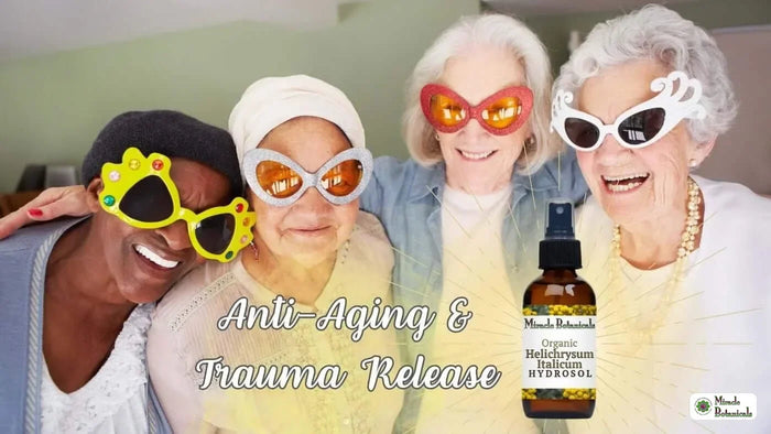 Four laughing older women in novelty sunglasses with an Organic Helichrysum Italicum Hydrosol bottle, with text: Anti-Aging & Trauma Release