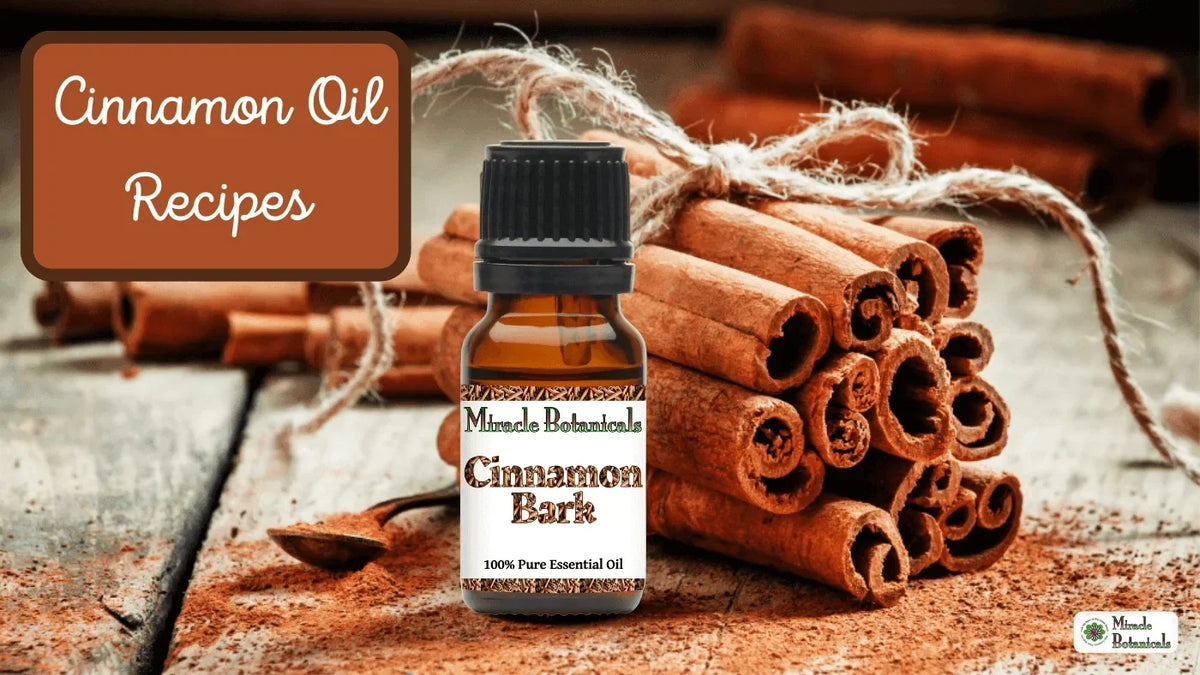 Cinnamon Bark essential oil bottle with tied cinnamon sticks and ground cinnamon, with text: Cinnamon Oil Recipes
